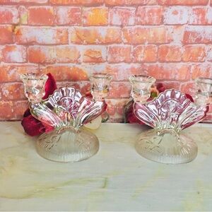 Antique  Depression Glass  Iris and Herringbone Pattern Double Candle Sticks